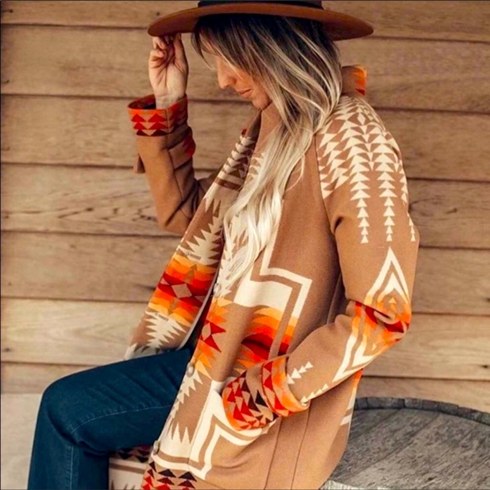 Boho Tribal Aztec Native Button Down Jacket Trench Coat